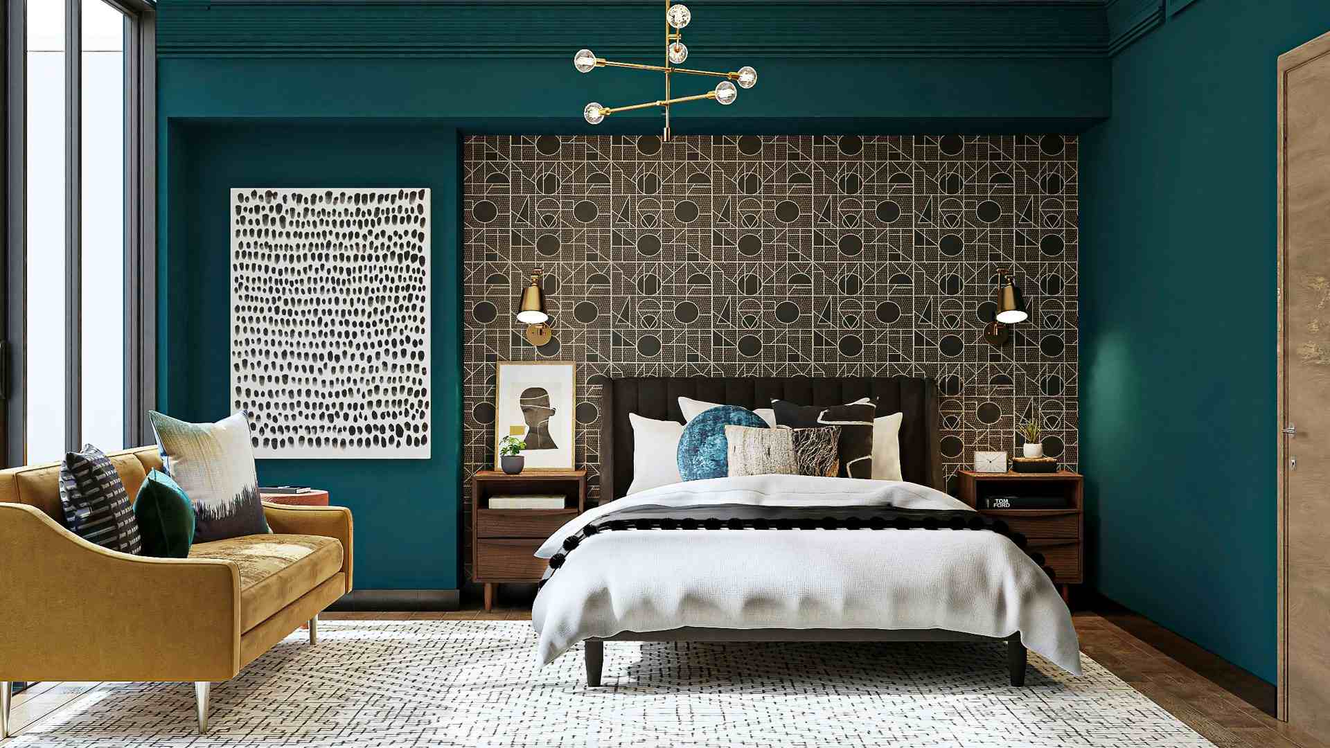 Habitación de paredes azules, sofá marrón y cama grande